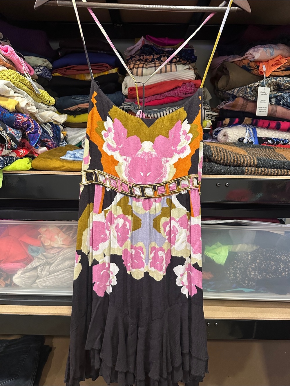 Free People Pink, Olive & Black Floral Spaghetti-Strap Mini Dress XS beach